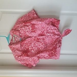 Vintage Floral button-up collared crop-ish top. ties in front. pink and white
